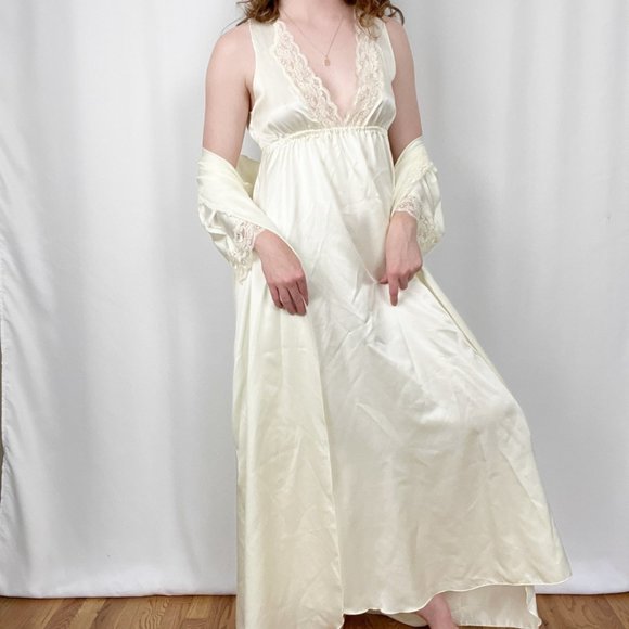 Vintage Silky Nightgown Maxi Slip Dress Set House Coat Robe Mid Century Pajamas - Picture 5 of 9